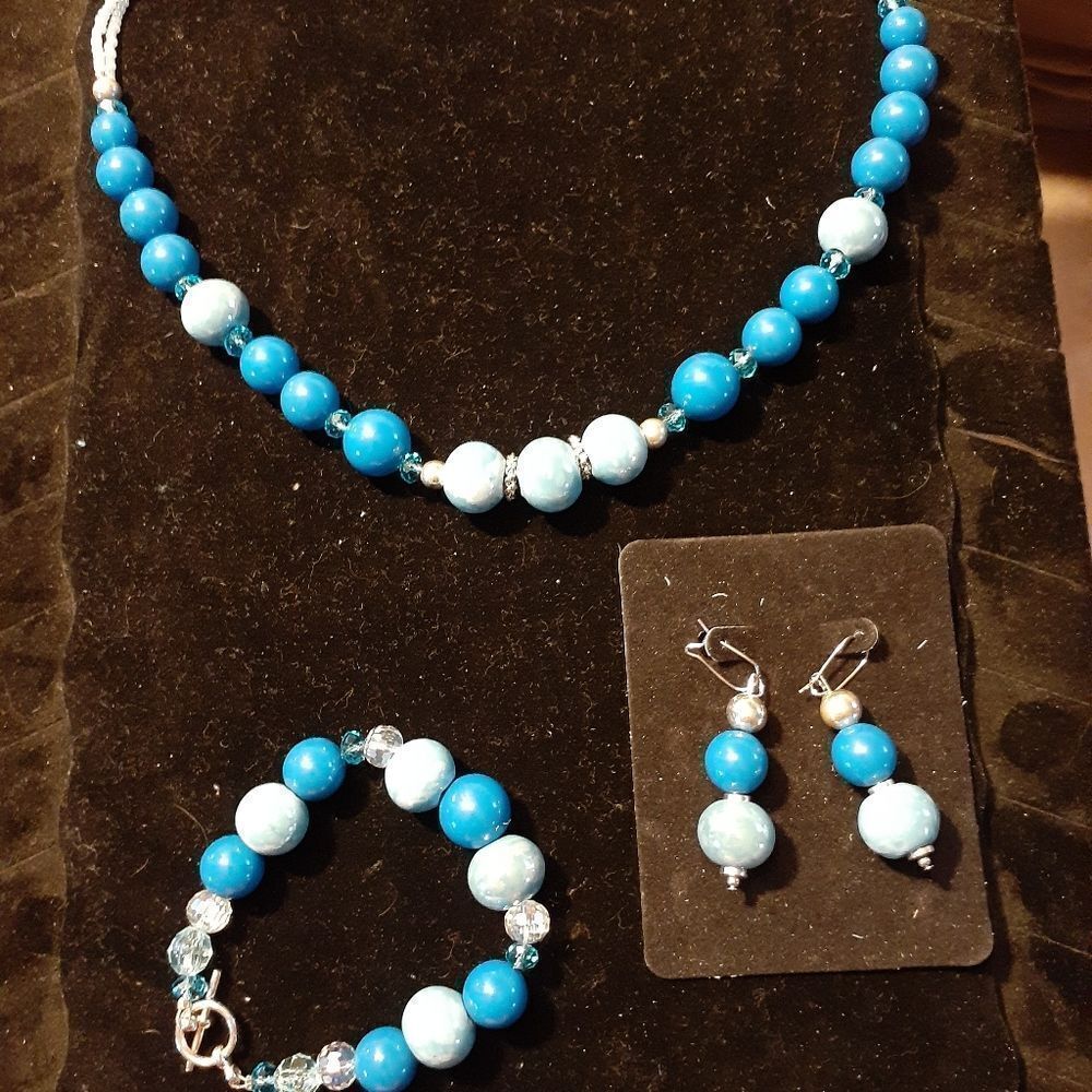 SET OF THREE - HANDBEADED. Azure Blues/Silver